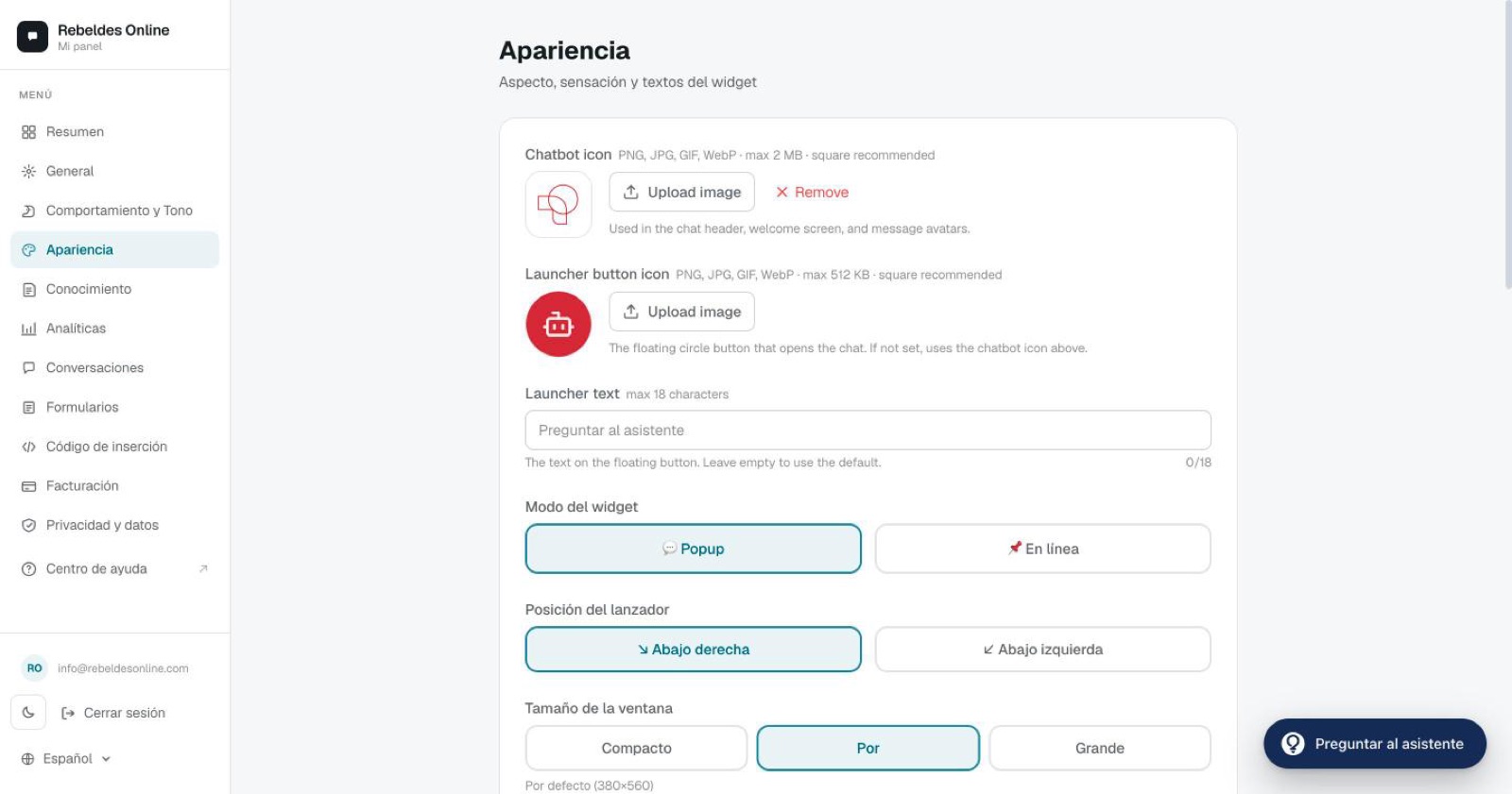 Ajustes de apariencia del widget
