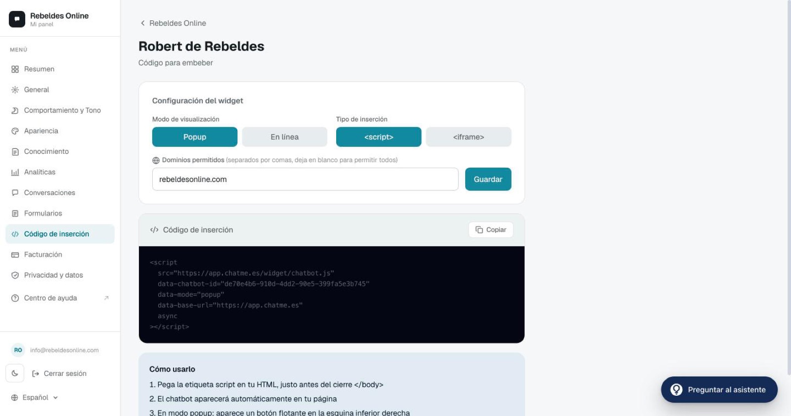 The Embed code section