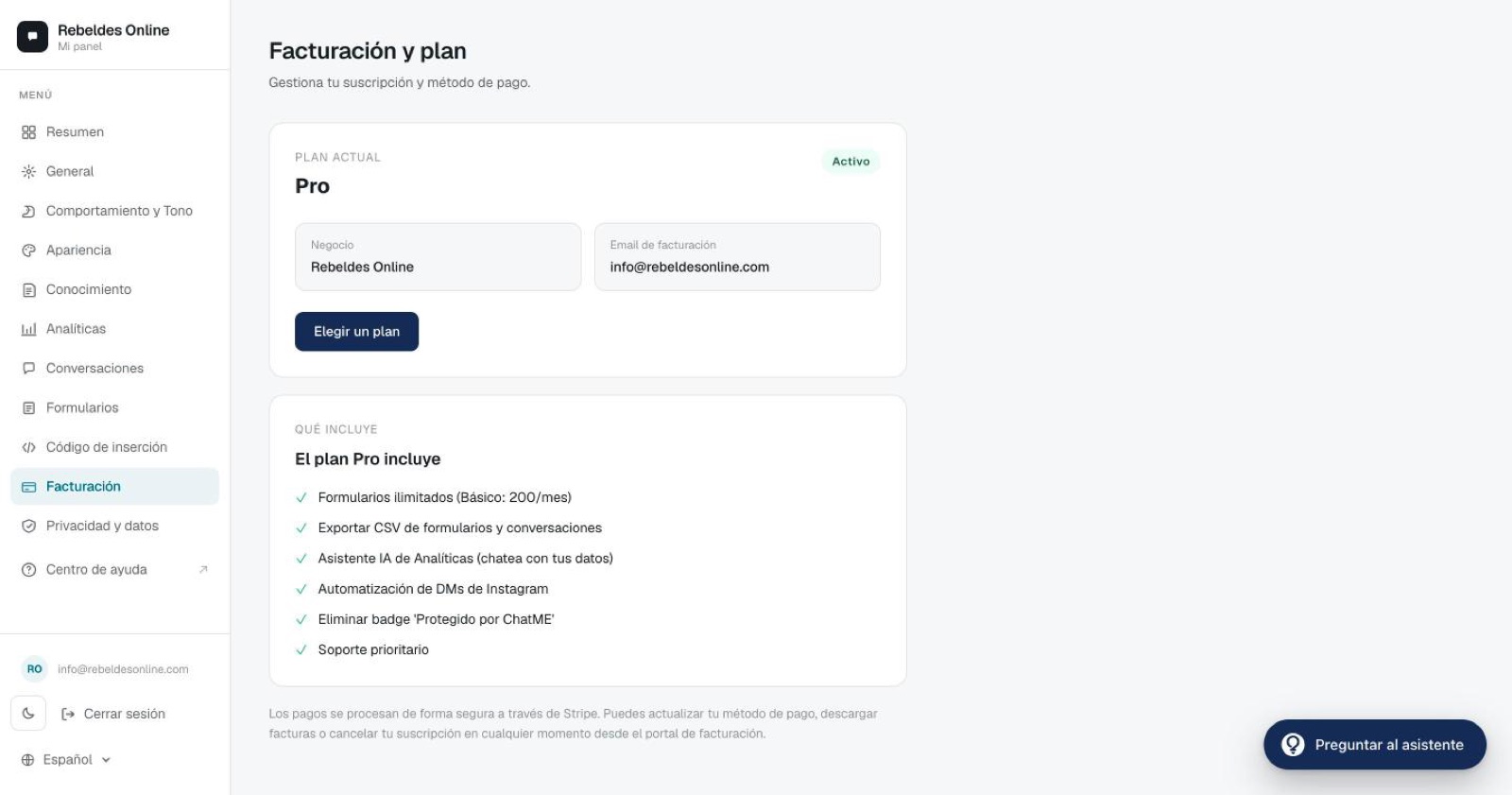 The billing and plan page